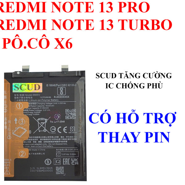 Pin SCUD/Webphukien cho Xiaomi Redmi Note 13 Pro/Redmi Note 13 Turbo/Poco X6 BM5V 5100mAh