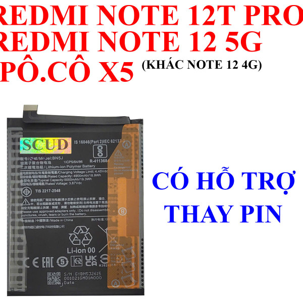 Pin SCUD/Webphukien cho Xiaomi Redmi Note 12 5G/Note 12T Pro/Poco X5 BN5J 5000mAh